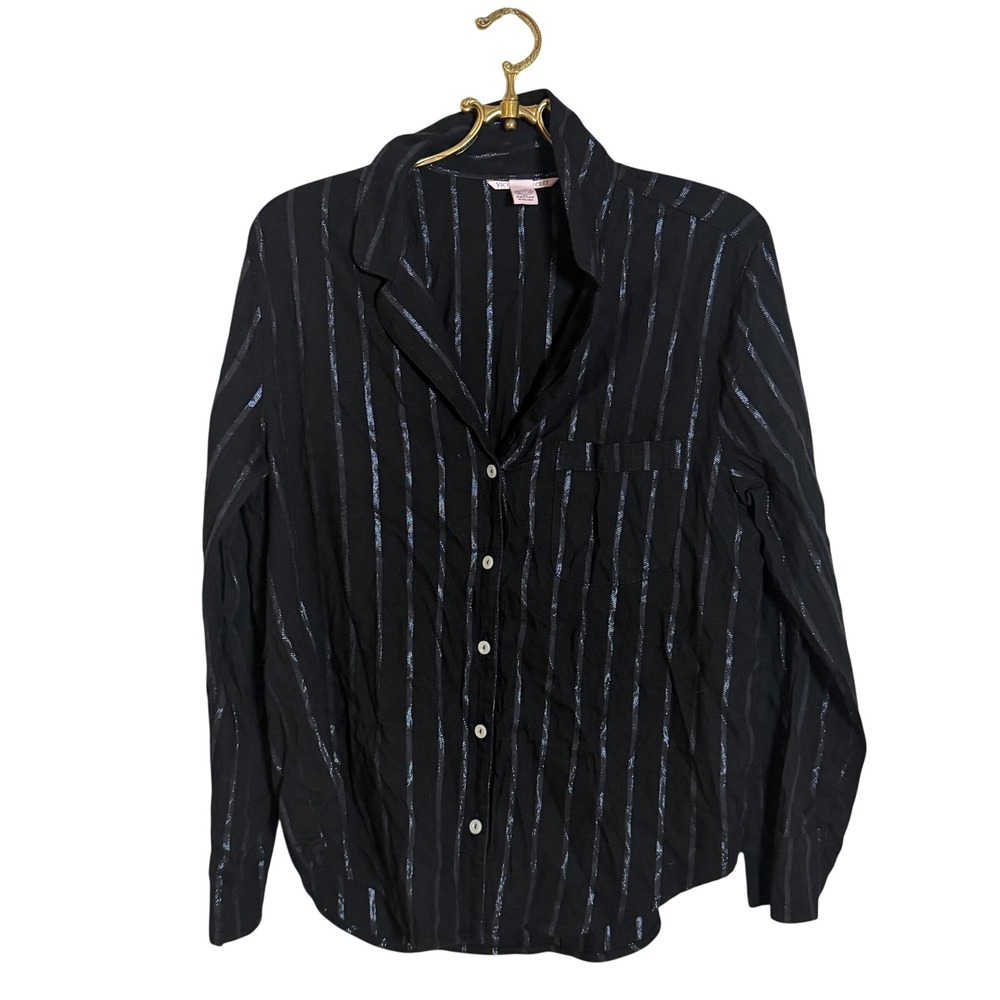 Victoria Secret Pajama Top Womens Medium Black Silver Metallic Stripe Button Up